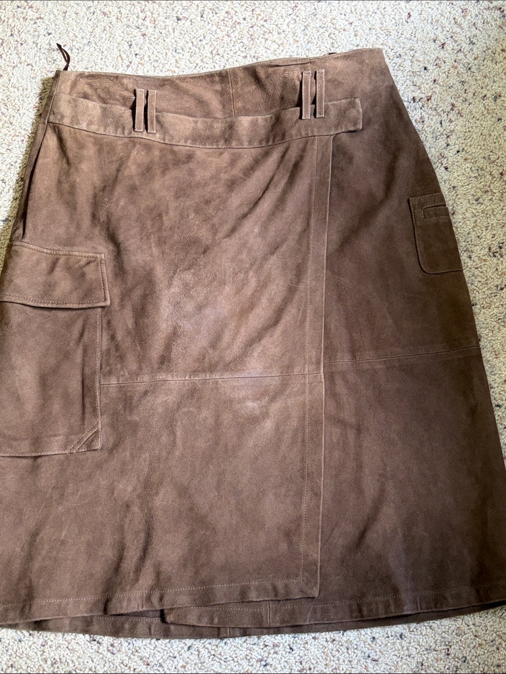 Faconnable Brown Suede A-line cargo Pocket Skirt. Size 12. Goat skin leather